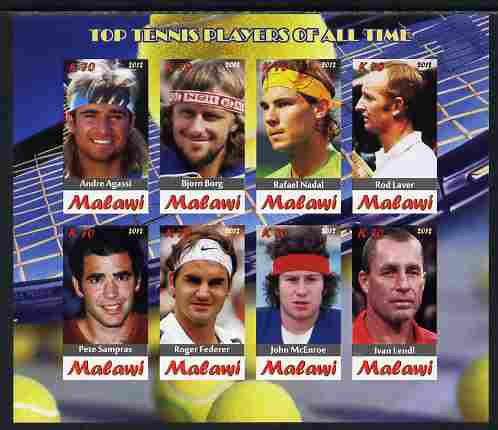 Malawi 2012 Top Tennis Players of All Time imperf sheetlet containing 8 values unmounted mint, stamps on personalities, stamps on sport, stamps on tennis