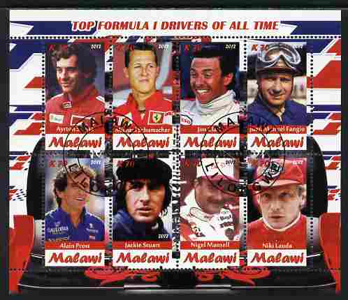 Malawi 2012 Top Formula 1 Drivers of All Time perf sheetlet containing 8 values fine cto used, stamps on personalities, stamps on sport, stamps on  f1 , stamps on formula 1, stamps on racing cars, stamps on 