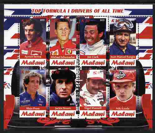 Malawi 2012 Top Formula 1 Drivers of All Time perf sheetlet containing 8 values unmounted mint, stamps on personalities, stamps on sport, stamps on  f1 , stamps on formula 1, stamps on racing cars, stamps on 