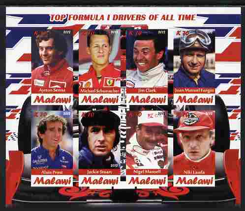 Malawi 2012 Top Formula 1 Drivers of All Time imperf sheetlet containing 8 values unmounted mint, stamps on personalities, stamps on sport, stamps on  f1 , stamps on formula 1, stamps on racing cars, stamps on 