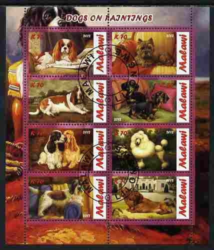 Malawi 2012 Dogs Featured on Paintings perf sheetlet containing 8 values fine cto used, stamps on dogs, stamps on arts