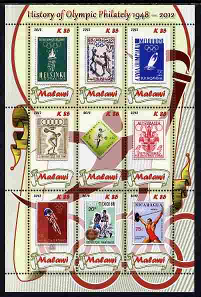 Malawi 2012 History of Olympic Philately #01 perf sheetlet containing 9 values unmounted mint, stamps on , stamps on  stamps on olympics, stamps on  stamps on stamp on stamp, stamps on  stamps on stampon, stamps on  stamps on 