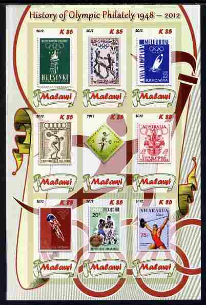 Malawi 2012 History of Olympic Philately #01 imperf sheetlet containing 9 values unmounted mint, stamps on olympics, stamps on stamp on stamp, stamps on stampon, stamps on 