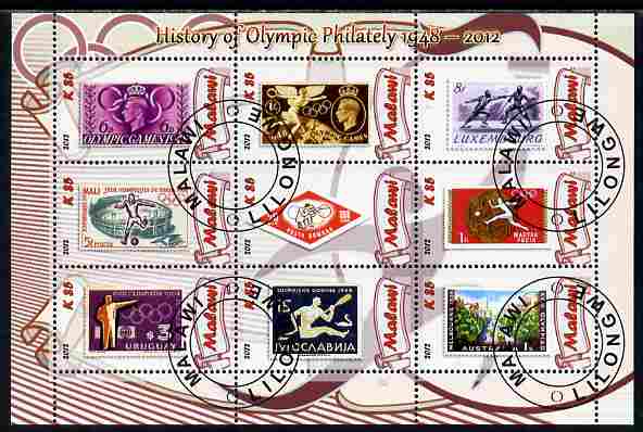 Malawi 2012 History of Olympic Philately #02 perf sheetlet containing 9 values fine cto used, stamps on olympics, stamps on stamp on stamp, stamps on stampon, stamps on 