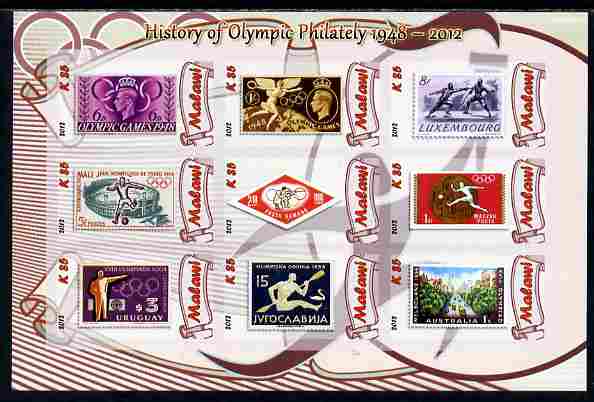 Malawi 2012 History of Olympic Philately #02 imperf sheetlet containing 9 values unmounted mint, stamps on olympics, stamps on stamp on stamp, stamps on stampon, stamps on 