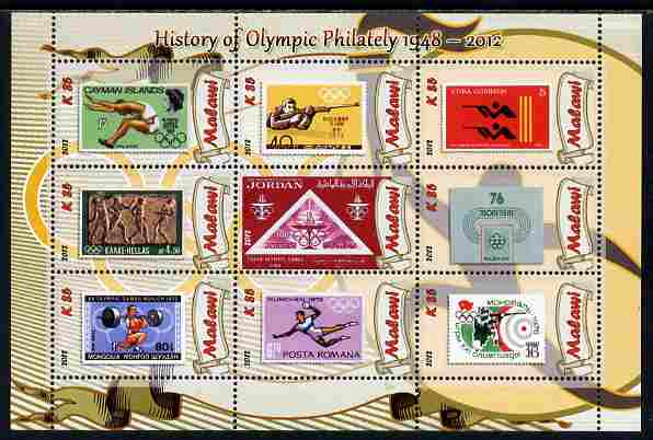 Malawi 2012 History of Olympic Philately #03 perf sheetlet containing 9 values unmounted mint, stamps on olympics, stamps on stamp on stamp, stamps on stampon, stamps on 