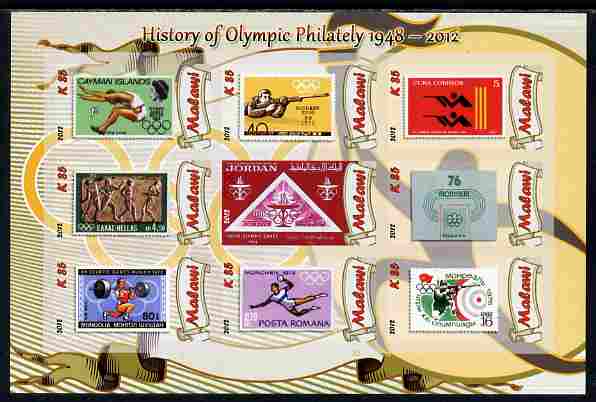 Malawi 2012 History of Olympic Philately #03 imperf sheetlet containing 9 values unmounted mint, stamps on , stamps on  stamps on olympics, stamps on  stamps on stamp on stamp, stamps on  stamps on stampon, stamps on  stamps on 