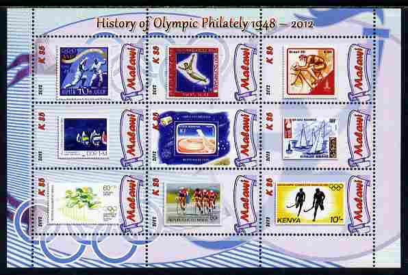 Malawi 2012 History of Olympic Philately #04 perf sheetlet containing 9 values unmounted mint, stamps on olympics, stamps on stamp on stamp, stamps on stampon, stamps on 