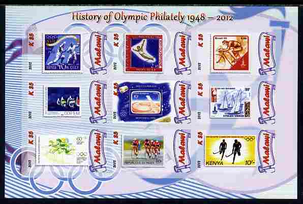 Malawi 2012 History of Olympic Philately #04 imperf sheetlet containing 9 values unmounted mint, stamps on olympics, stamps on stamp on stamp, stamps on stampon, stamps on 