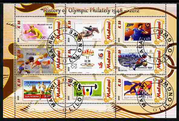 Malawi 2012 History of Olympic Philately #05 perf sheetlet containing 9 values fine cto used, stamps on olympics, stamps on stamp on stamp, stamps on stampon, stamps on 