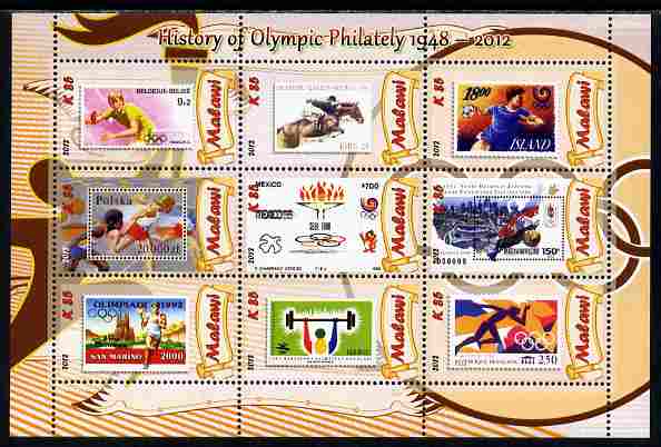 Malawi 2012 History of Olympic Philately #05 perf sheetlet containing 9 values unmounted mint, stamps on olympics, stamps on stamp on stamp, stamps on stampon, stamps on 