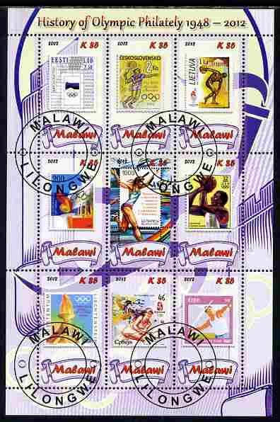 Malawi 2012 History of Olympic Philately #06 perf sheetlet containing 9 values fine cto used, stamps on olympics, stamps on stamp on stamp, stamps on stampon, stamps on 