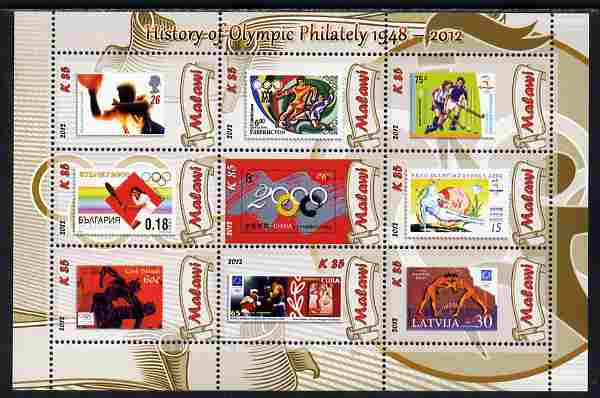 Malawi 2012 History of Olympic Philately #07 perf sheetlet containing 9 values unmounted mint, stamps on olympics, stamps on stamp on stamp, stamps on stampon, stamps on 
