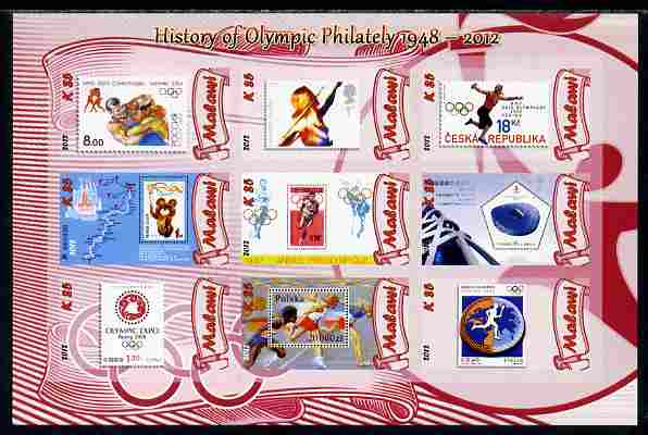 Malawi 2012 History of Olympic Philately #08 imperf sheetlet containing 9 values unmounted mint, stamps on olympics, stamps on stamp on stamp, stamps on stampon, stamps on 
