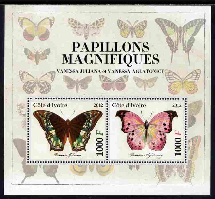 Ivory Coast 2012 Magnificent Butterflies #1 perf sheetlet containing 2 values unmounted mint, stamps on butterflies