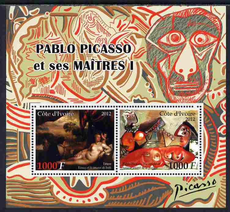 Ivory Coast 2012 Pablo Picasso & his Masters #1 perf sheetlet containing 2 values unmounted mint, stamps on , stamps on  stamps on arts, stamps on  stamps on picasso, stamps on  stamps on titian, stamps on  stamps on nudes