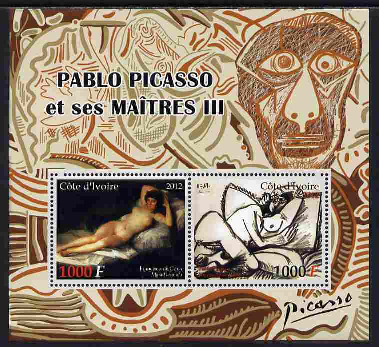 Ivory Coast 2012 Pablo Picasso & his Masters #3 perf sheetlet containing 2 values unmounted mint, stamps on , stamps on  stamps on arts, stamps on  stamps on picasso, stamps on  stamps on goya, stamps on  stamps on nudes