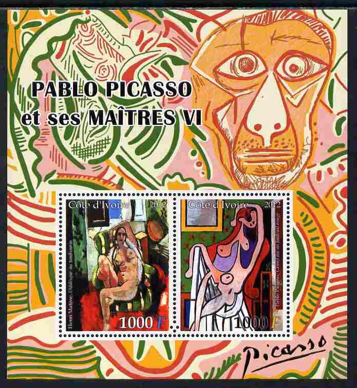Ivory Coast 2012 Pablo Picasso & his Masters #6 perf sheetlet containing 2 values unmounted mint, stamps on arts, stamps on picasso, stamps on matisse, stamps on nudes