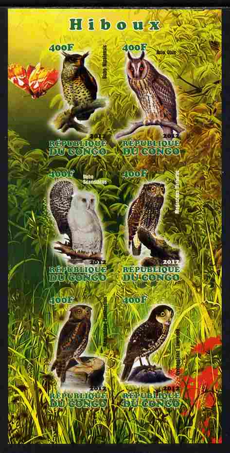 Congo 2012 Owls imperf sheetlet containing 6 values unmounted mint, stamps on birds, stamps on birds of prey, stamps on owls