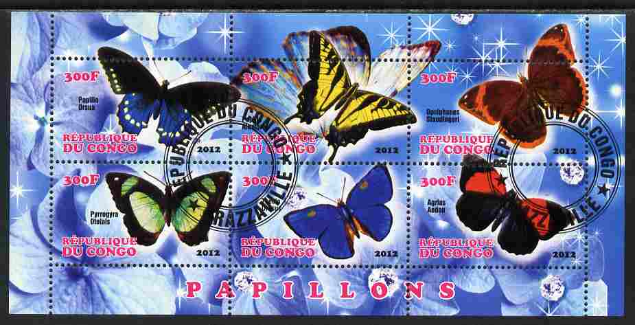 Congo 2012 Butterflies #1 perf sheetlet containing 6 values fine cto used, stamps on butterflies