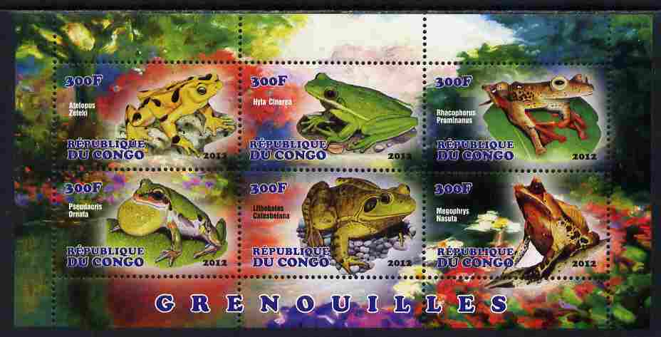 Congo 2012 Frogs perf sheetlet containing 6 values unmounted mint, stamps on frogs, stamps on amphibians