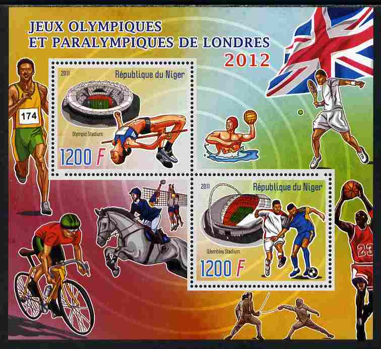Niger Republic 2012 London Olympic Games perf sheetlet containing 2 values unmounted mint, stamps on olympics, stamps on high jump, stamps on water polo, stamps on tennis, stamps on football, stamps on bicycles, stamps on horses, stamps on show jumping, stamps on running, stamps on fencing, stamps on basketball, stamps on volley ball