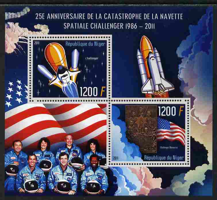 Niger Republic 2012 25th Anniversary of Challenger Disaster perf sheetlet containing 2 values unmounted mint, stamps on space, stamps on shuttle, stamps on disasters, stamps on 