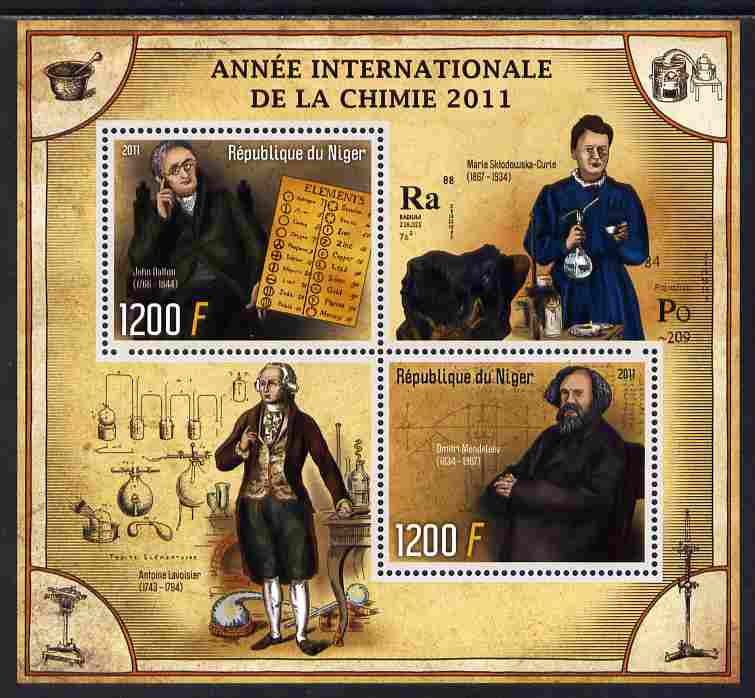 Niger Republic 2012 International Year of Chemistry perf sheetlet containing 2 values unmounted mint, stamps on chemistry, stamps on science, stamps on marie curie, stamps on nobel, stamps on 