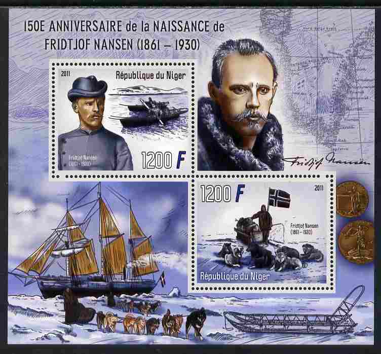 Niger Republic 2012 150th Birth Anniversary of Fridtjof Nansen perf sheetlet containing 2 values unmounted mint, stamps on personalities, stamps on explorers, stamps on polar, stamps on ships, stamps on dogs, stamps on maps, stamps on 