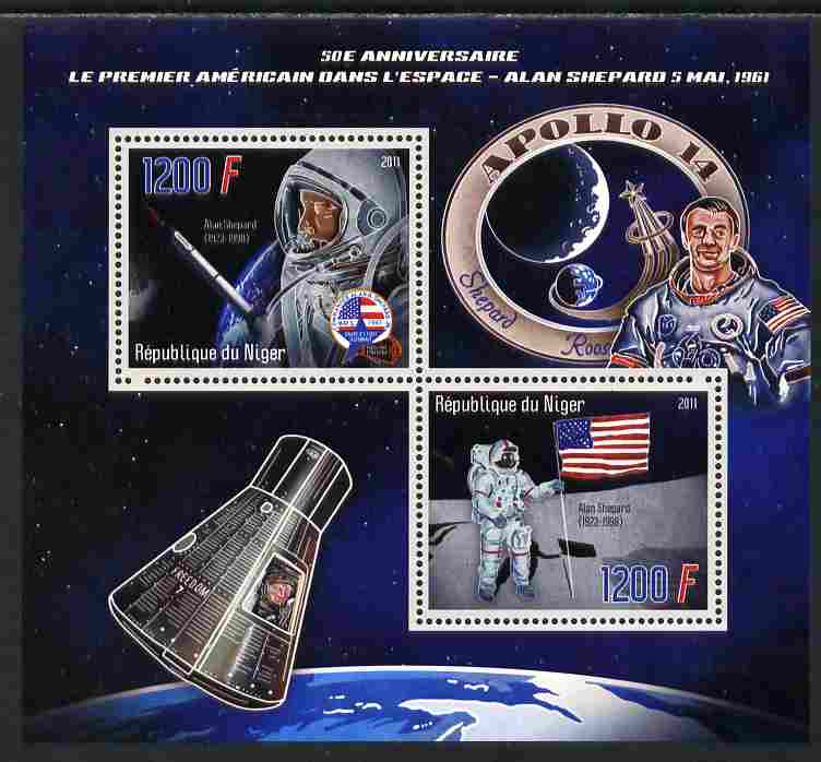 Niger Republic 2012 50th Anniversary of First American in Space (Alan Shepard) perf sheetlet containing 2 values unmounted mint, stamps on personalities, stamps on space, stamps on flags