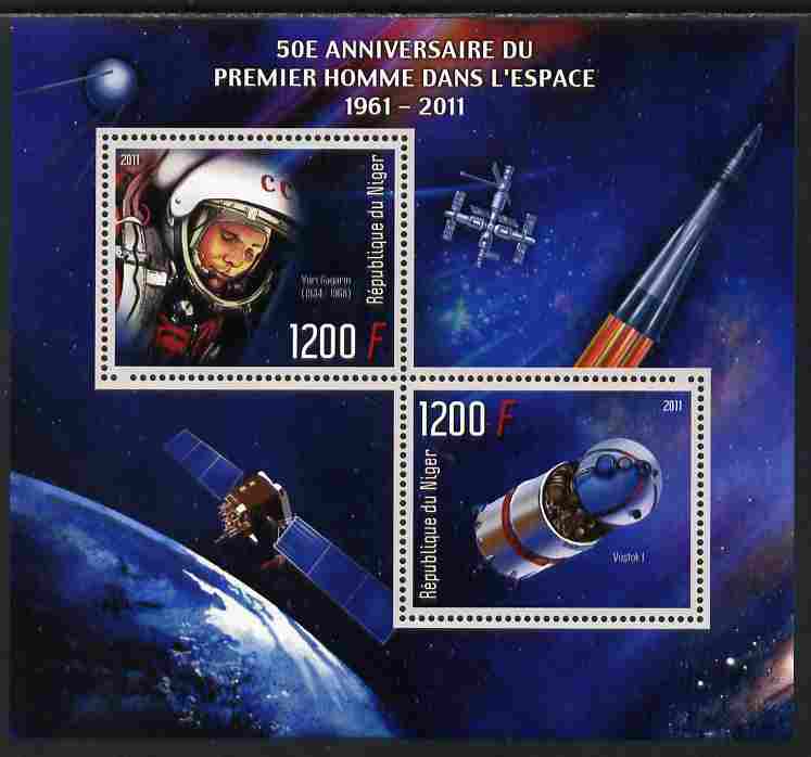 Niger Republic 2012 50th Anniversary of First Man in Space (Yuri Gagarin) perf sheetlet containing 2 values unmounted mint, stamps on personalities, stamps on space, stamps on rockets