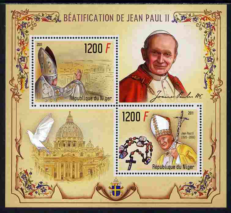 Niger Republic 2012 Beatification of Pope John Paul II perf sheetlet containing 2 values unmounted mint, stamps on personalities, stamps on pope, stamps on popes, stamps on religion