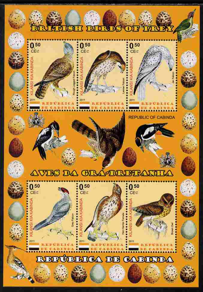 Cabinda Province 2011 British Birds of Prey #1 perf sheetlet containing 6 values unmounted mint, stamps on birds of prey, stamps on birds