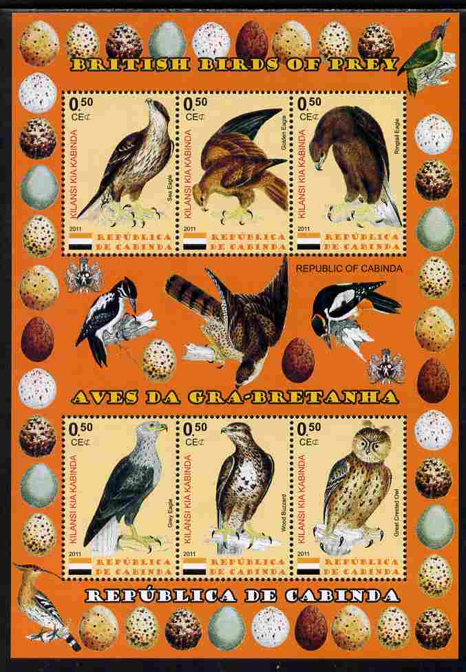 Cabinda Province 2011 British Birds of Prey #3 perf sheetlet containing 6 values unmounted mint, stamps on birds of prey, stamps on birds
