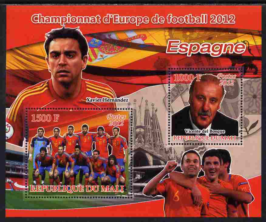 Mali 2012 European Footbal Championship - Spain large perf s/sheet containing 2 values unmounted mint, stamps on football, stamps on flags, stamps on 