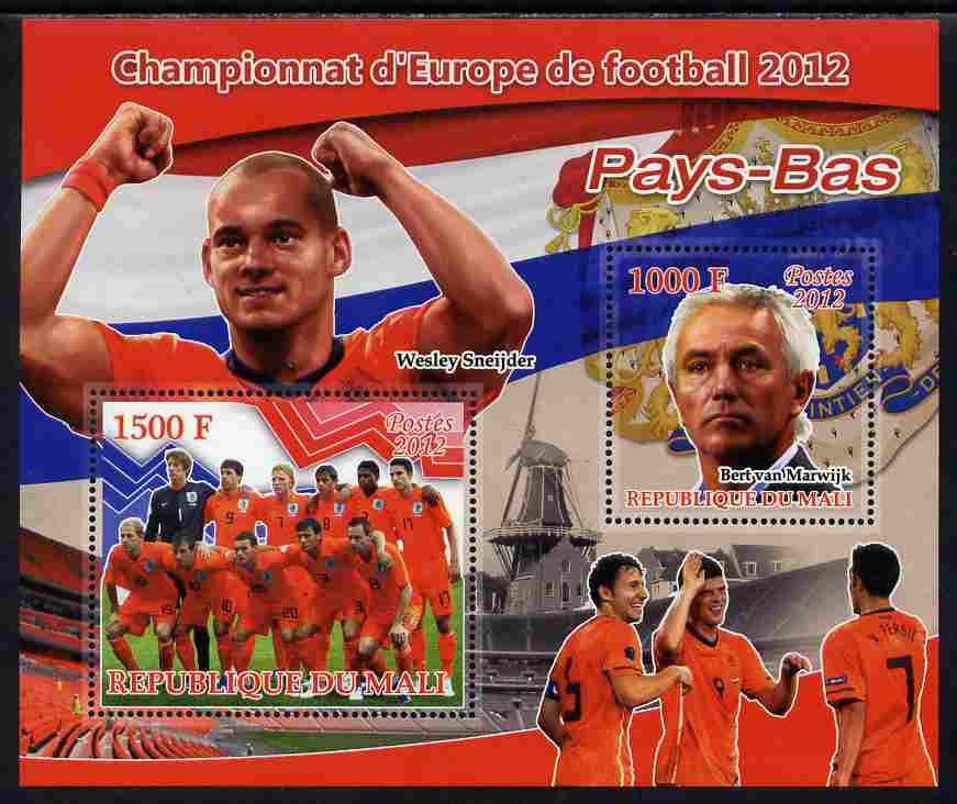 Mali 2012 European Footbal Championship - Netherlands large perf s/sheet containing 2 values unmounted mint, stamps on football, stamps on flags, stamps on windmills