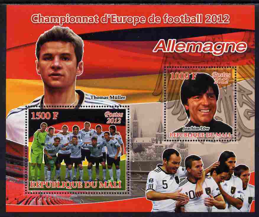 Mali 2012 European Footbal Championship - Germany large perf s/sheet containing 2 values unmounted mint, stamps on football, stamps on flags, stamps on 