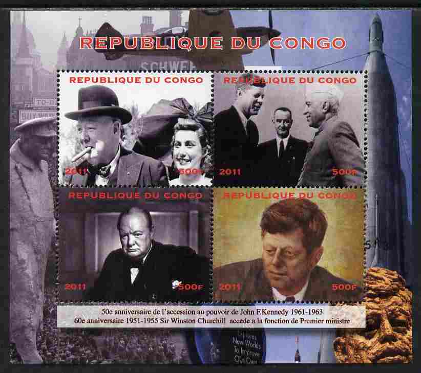 Congo 2012 Churchill & Kennedy perf sheetlet containing 4 values unmounted mint. Note this item is privately produced and is offered purely on its thematic appeal, stamps on personalities, stamps on churchill, stamps on constitutions, stamps on  ww2 , stamps on masonry, stamps on masonics, stamps on kennedy, stamps on usa presidents, stamps on americana, stamps on london, stamps on rockets