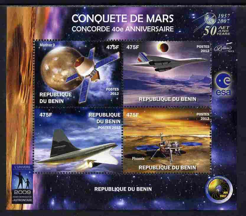 Benin 2012 Concorde 40th Anniversary - Conquest of Mars perf sheetlet containing 4 values unmounted mint. Note this item is privately produced and is offered purely on its thematic appeal , stamps on aviation, stamps on concorde, stamps on space, stamps on satellites, stamps on planets