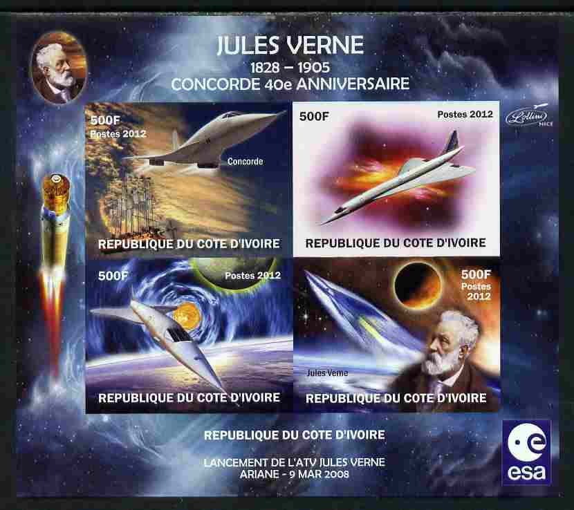 Ivory Coast 2012 Concorde 40th Anniversary - Jules Verne imperf sheetlet containing 4 values unmounted mint . Note this item is privately produced and is offered purely on its thematic appeal, it has no postal validity, stamps on aviation, stamps on concorde, stamps on space, stamps on satellites, stamps on personalities, stamps on literature, stamps on sci-fi, stamps on verne