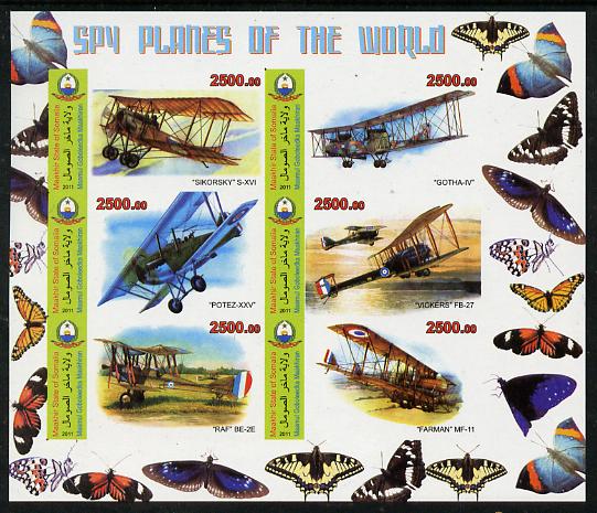 Maakhir State of Somalia 2011 Spy Planes of the World #1 imperf sheetlet containing 6 values (Butterflies in margins) unmounted mint , stamps on aviation, stamps on butterflies