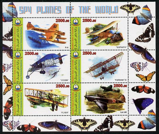 Maakhir State of Somalia 2011 Spy Planes of the World #2 perf sheetlet containing 6 values (Butterflies in margins) unmounted mint , stamps on aviation, stamps on butterflies