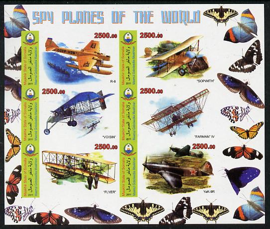 Maakhir State of Somalia 2011 Spy Planes of the World #2 imperf sheetlet containing 6 values (Butterflies in margins) unmounted mint , stamps on aviation, stamps on butterflies