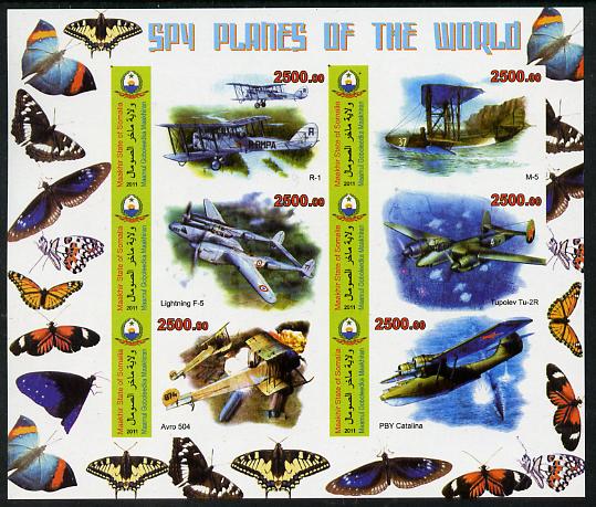 Maakhir State of Somalia 2011 Spy Planes of the World #3 imperf sheetlet containing 6 values (Butterflies in margins) unmounted mint , stamps on aviation, stamps on butterflies, stamps on flying boats