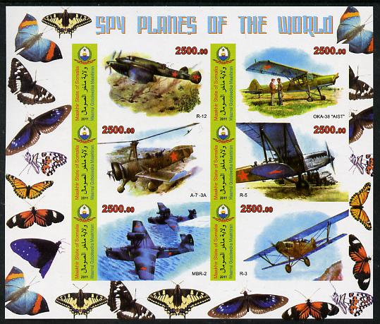 Maakhir State of Somalia 2011 Spy Planes of the World #4 imperf sheetlet containing 6 values (Butterflies in margins) unmounted mint , stamps on aviation, stamps on butterflies, stamps on flying boats