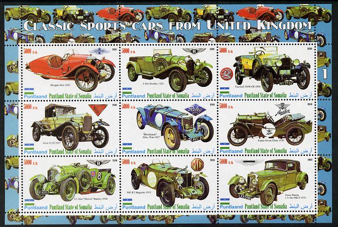 Puntland State of Somalia 2010 Classic Sports Cars of United Kingdom #2 perf sheetlet containing 9 values unmounted mint, stamps on cars, stamps on austin, stamps on morgan, stamps on bentley, stamps on vauxhall, stamps on alvis, stamps on riley, stamps on  mg , stamps on aston martin