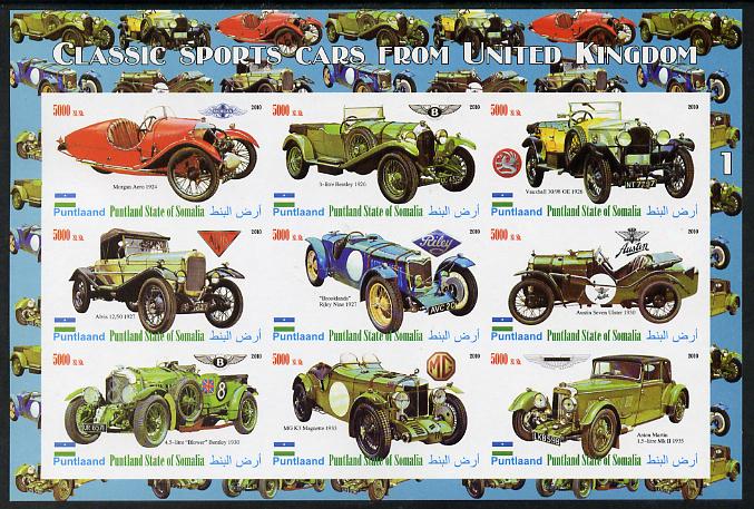 Puntland State of Somalia 2010 Classic Sports Cars of United Kingdom #2 imperf sheetlet containing 9 values unmounted mint, stamps on cars, stamps on austin, stamps on morgan, stamps on bentley, stamps on vauxhall, stamps on alvis, stamps on riley, stamps on  mg , stamps on aston martin