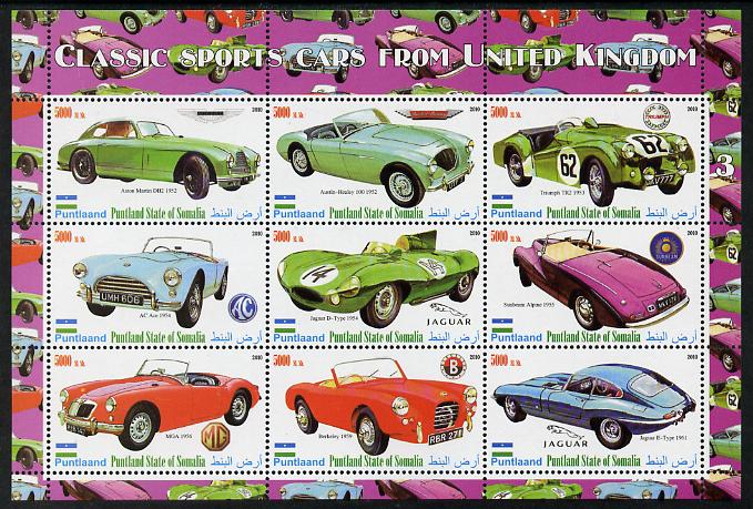 Puntland State of Somalia 2010 Classic Sports Cars of United Kingdom #3 perf sheetlet containing 9 values unmounted mint, stamps on , stamps on  stamps on cars, stamps on  stamps on austin healey, stamps on  stamps on aston martin, stamps on  stamps on triumph, stamps on  stamps on ac ace, stamps on  stamps on jaguar, stamps on  stamps on sunbeam, stamps on  stamps on  mg , stamps on  stamps on 