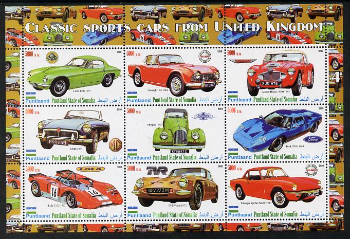Puntland State of Somalia 2010 Classic Sports Cars of United Kingdom #4 perf sheetlet containing 9 values unmounted mint, stamps on cars, stamps on lotus, stamps on  mg , stamps on triumph, stamps on austin healey, stamps on morgan, stamps on ford, stamps on lola, stamps on  tvr , stamps on 