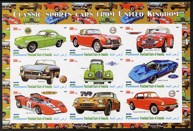 Puntland State of Somalia 2010 Classic Sports Cars of United Kingdom #4 imperf sheetlet containing 9 values unmounted mint, stamps on cars, stamps on lotus, stamps on  mg , stamps on triumph, stamps on austin healey, stamps on morgan, stamps on ford, stamps on lola, stamps on  tvr , stamps on 